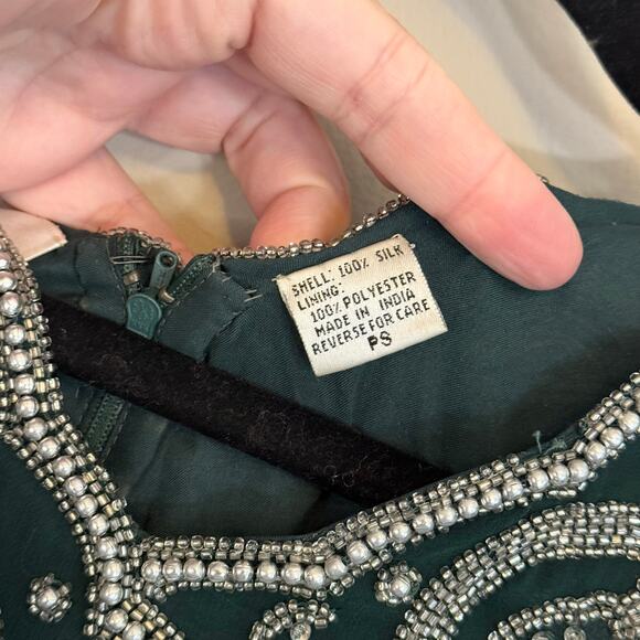 VTG 90s Laurence Kazar Beaded Prom Gown PS Green Silk Evening Formal Cocktail - Picture 11 of 11